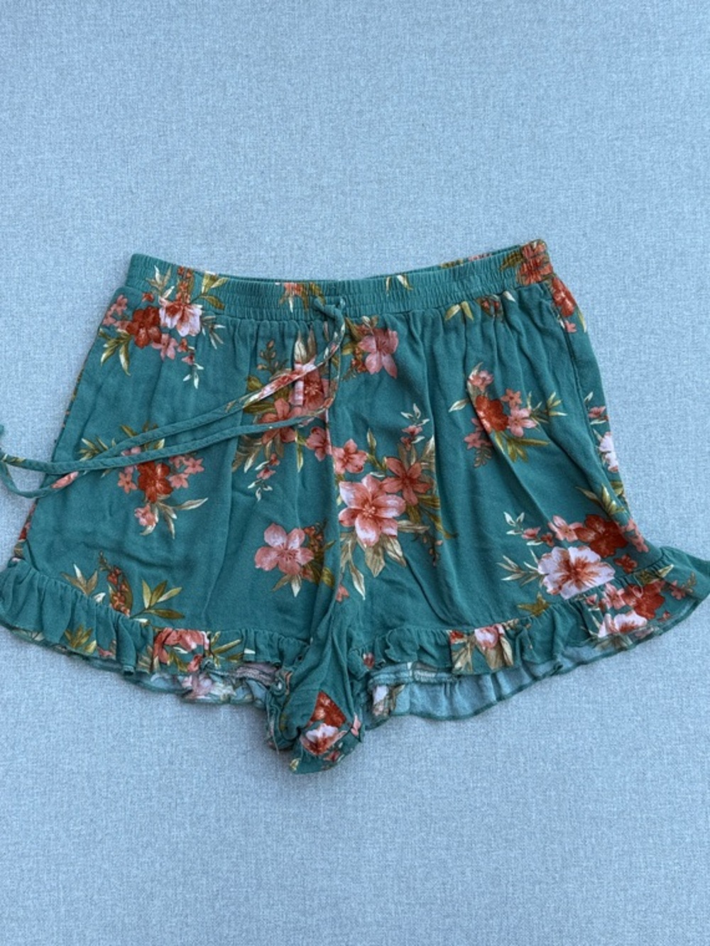 American Eagle Outfitters Teal Green Floral Ruffle-Hem High-Waist Shorts